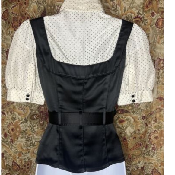 Vintage Bebe Silk Black & Polkadot Button Up Blouse w/Belt Pinup Burlesque Retro - Picture 3 of 5